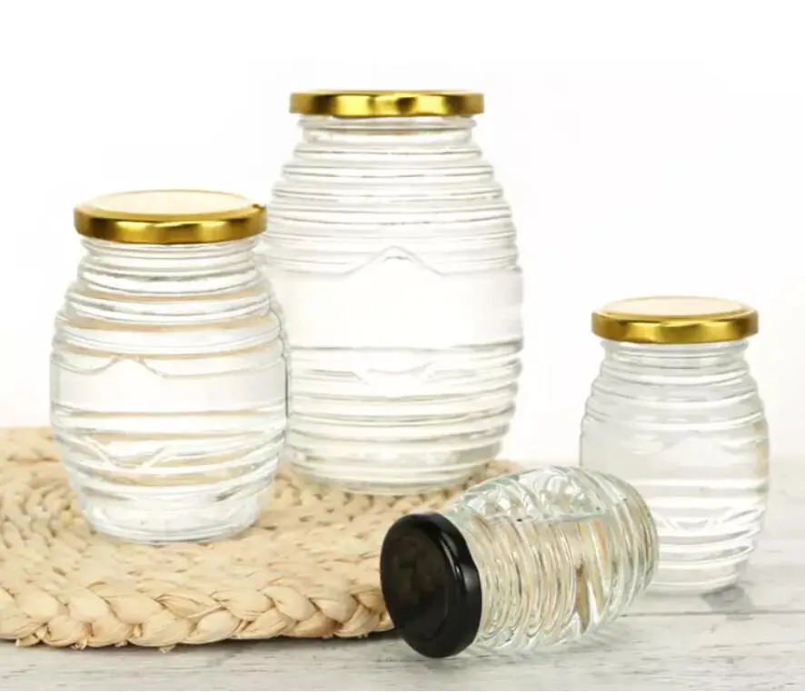 100ml-730ml Glass Round Shape Honey Jars with Honeycomb and Screw Thread Pattern, Glassware Metal Cap, Jam Jars, Glassware