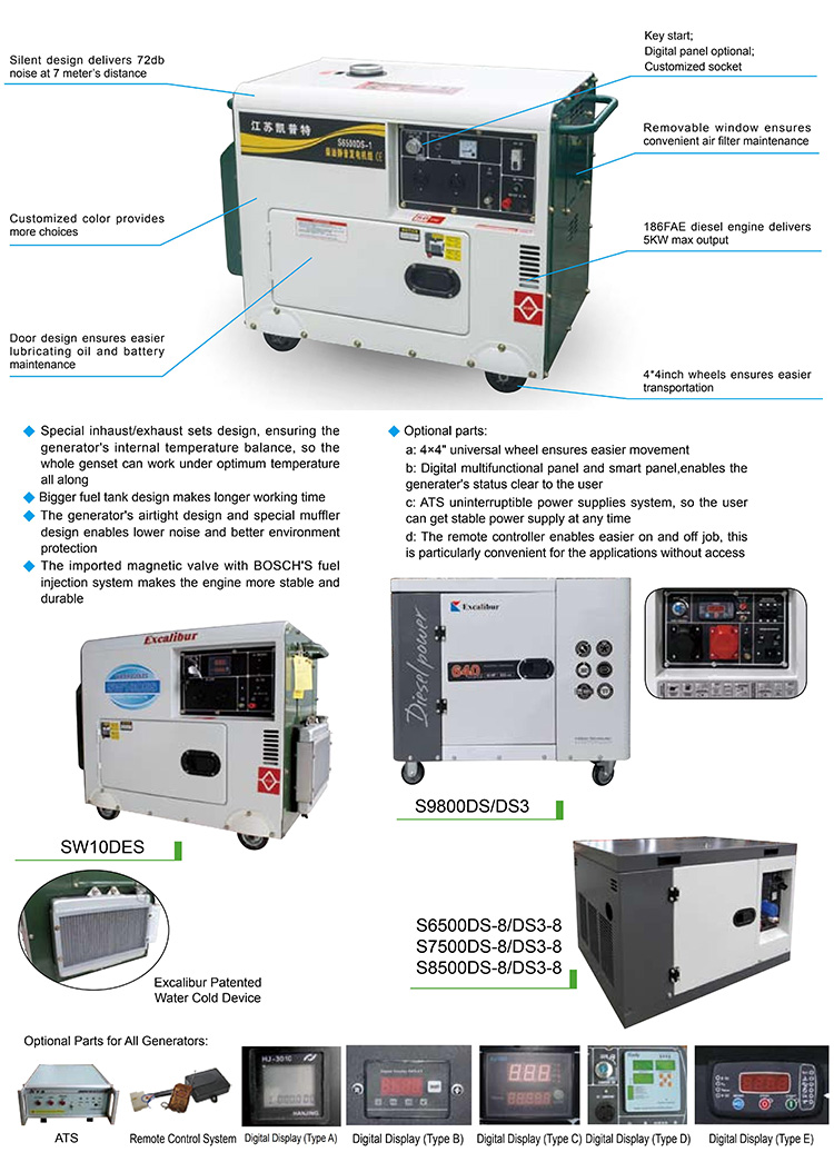 Jiangsu Excalibur Portable Silent Diesel Generator 3kva For Home Use