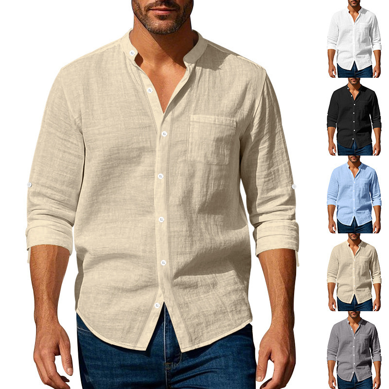 Весенне-осенняя льняная рубашка-стойка с бисером Spring Autumn Linen Beaded Stand Shirt
