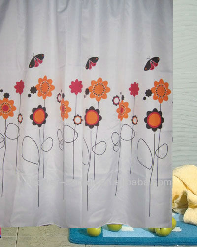 polyester fabric orange color flower printed shower curtain