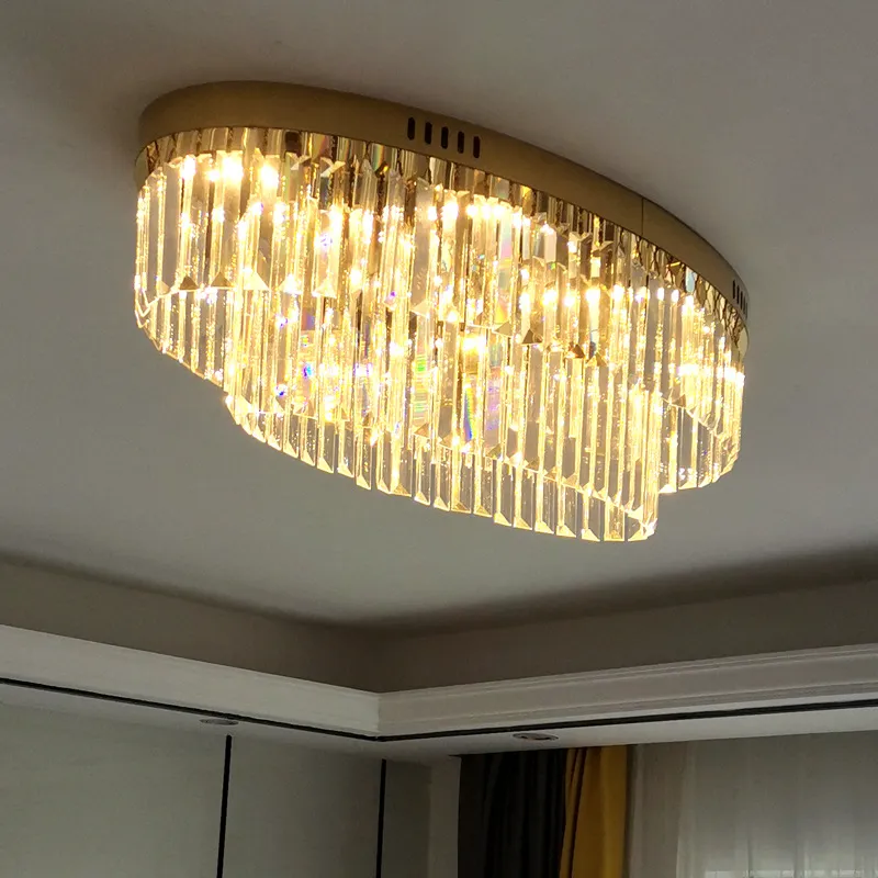 Oval Ceiling Crystal Lamp, Living Room Lamprectangular Double-Layer Lamp