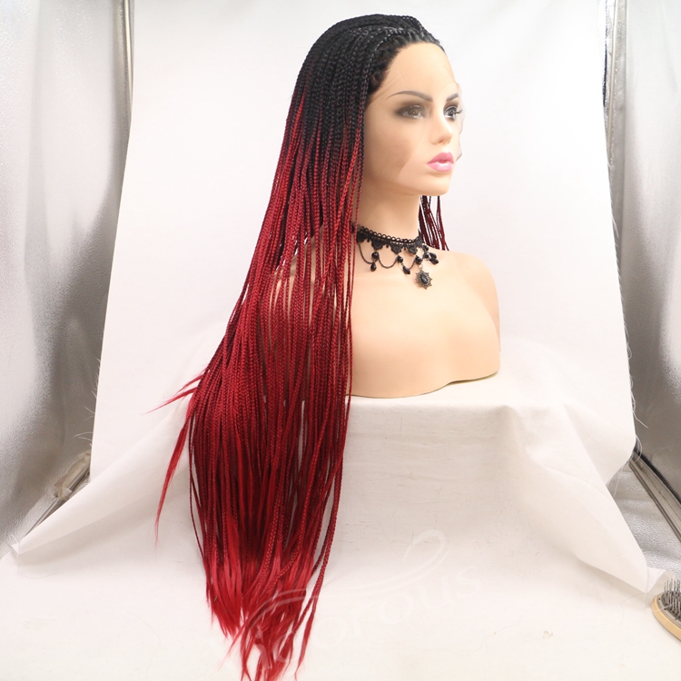 Long straight ombre black bug cheap wholesale high quality heat resistant synthetic braided wig lace front
