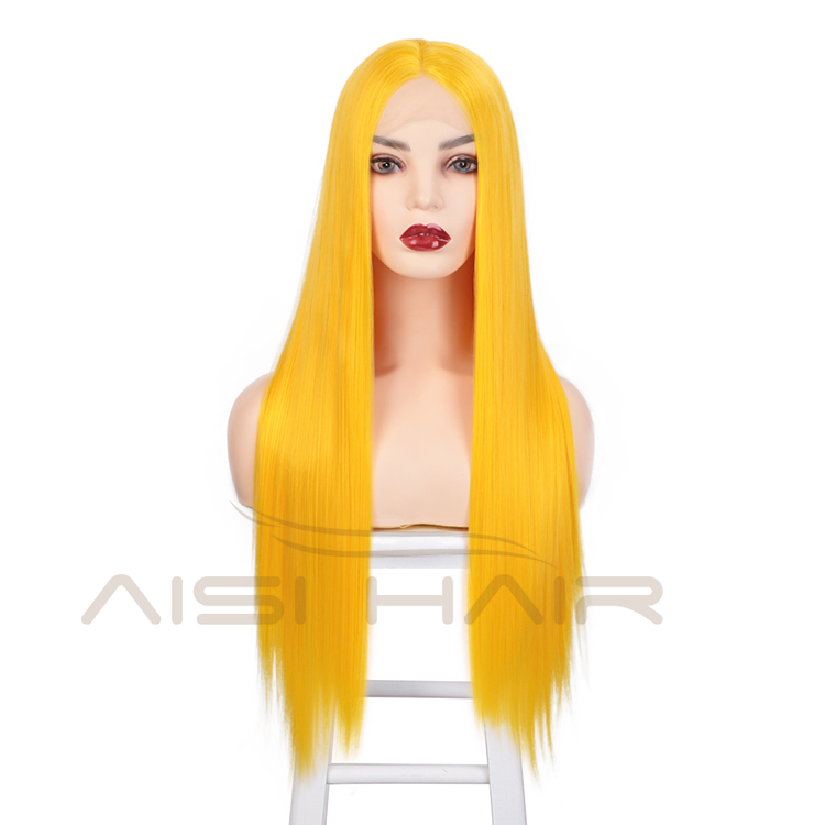 Aisi Hair 26 Inch Long Silky Straight Yellow Wig Cosplay Swiss Lace Wig Middle Part Synthetic Lace Front Wigs For Black Women