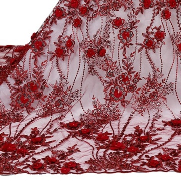 Red Beaded Sequin Lace Fabrics for Evening Dresses