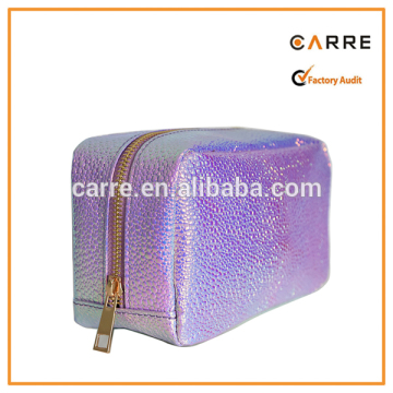 stylish leather holographic iridescent cosmetic bag with gold metal zipper