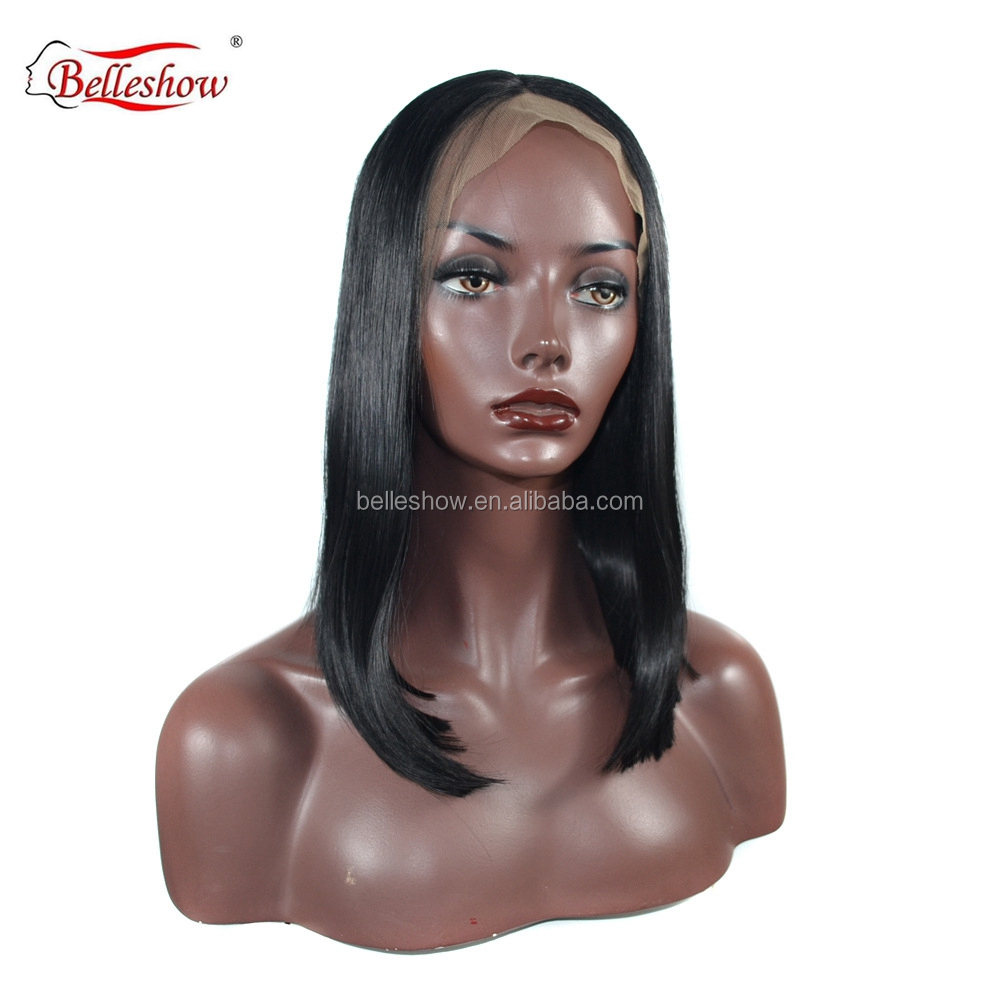 Hot sell Wholesale medium-length bobo head wig cheap synthetic lace front hair wig  black long hair wig