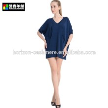 V Neck Short Sleeve Blue Pullover, Plain Bat Sleeve Cashmere Pullover