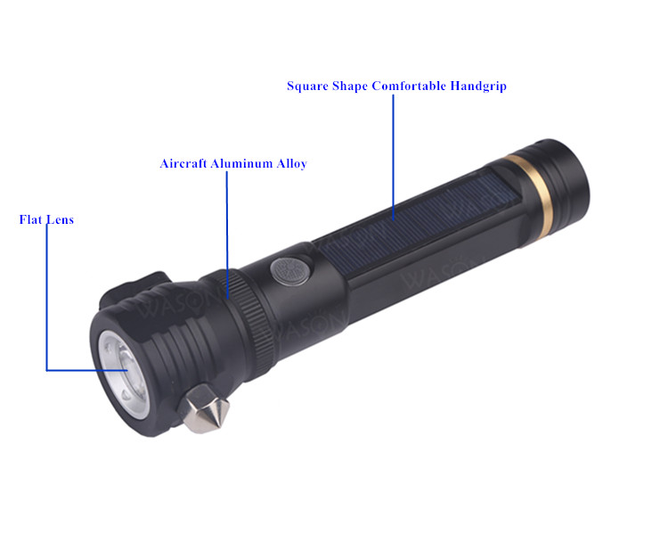 Factory OEM/ODM Multifunction Outdoor Survival Rescue Emergency Solar Rechargeable Flashlight With Knife Hammer And Compass