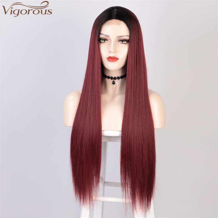 Vigorous High Temperature Ombre Red Lace Middle Part Wigs Long Silky Straight Wigs For White Women Wholesale