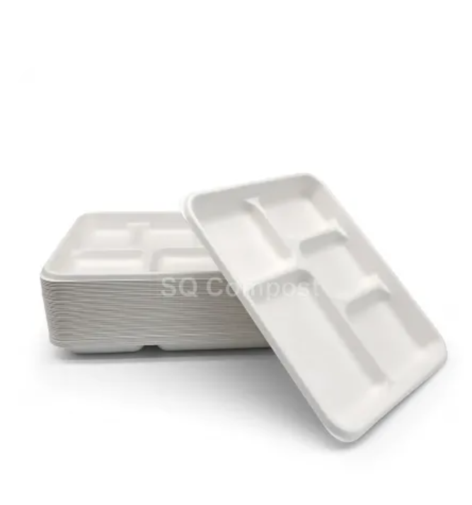 Disposable Biodegradable Sugarcane Bagasse Pulp Bagasse Plates Square Tray with 5 Compartment