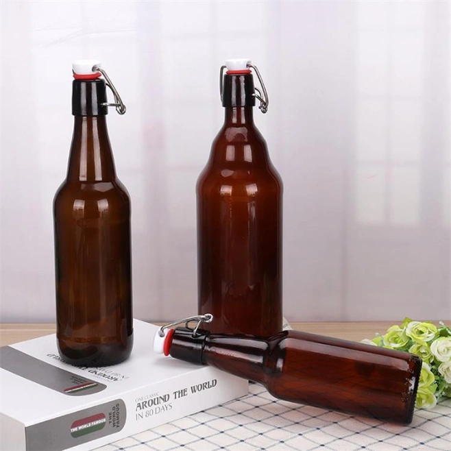 Factory Custom Design Amber Glass Beer Bottle with Rotating Metal Lid