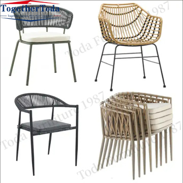 Outdoor chairs with rattan backs are stackable
