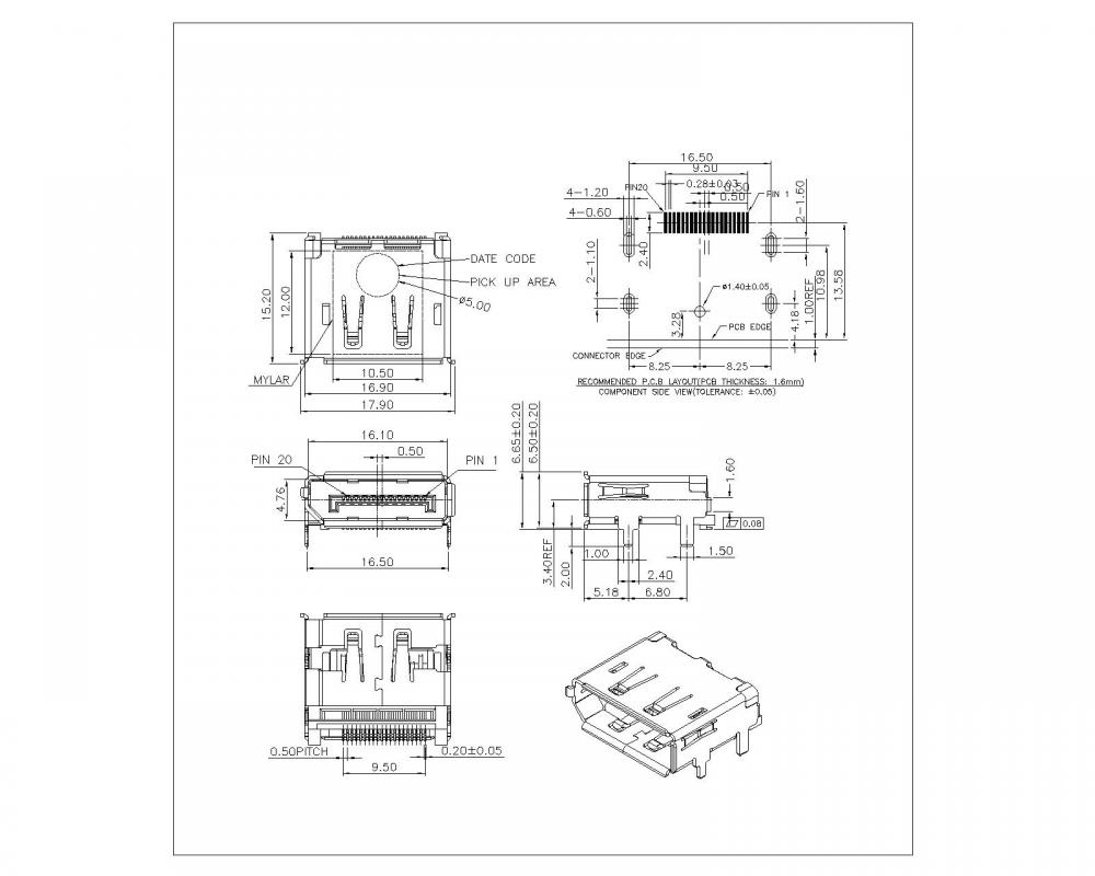 Dp Fxx08 Display Port Smt With Edge Curl Without Plastac Basic Leg 2 0mm