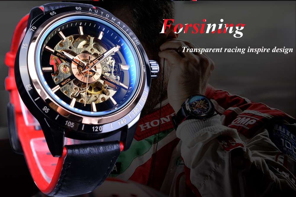 Top Brand Luxury Mens Forsining Motorcycle Design Transparent Genuine Strap Waterproof Skeleton Men Automatic Watches Clock