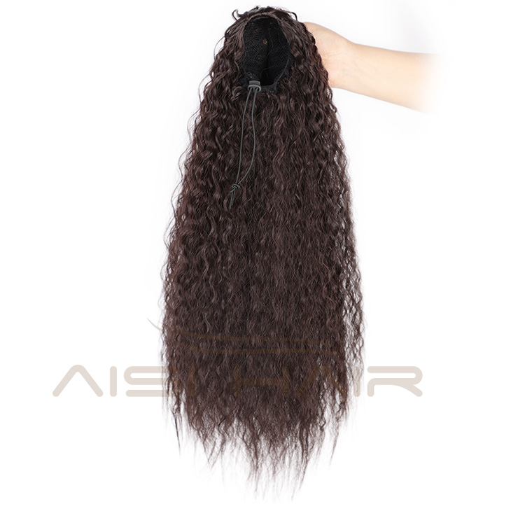 Aisi Hair High Temperature Fiber Drawstring Ponytail Hair Extensions Brown Long Wavy Synthetic Pony Tail Hairpieces