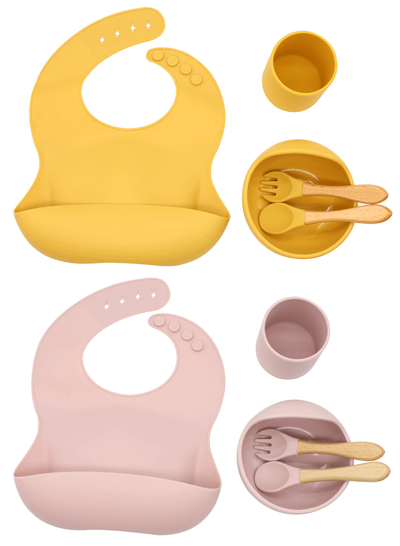 ECO Silicone Tableware Waterproof Bib Kid Travel Suction Cup Silicone Bowl Spoon Silicone Baby Feeding Set