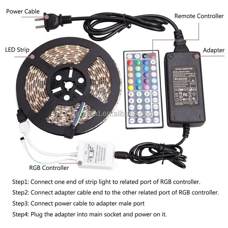 5050 Flexible Light Kit IP65 44 key IR remote controlled 5M 300LED 12V RGB LED strip with power adapter