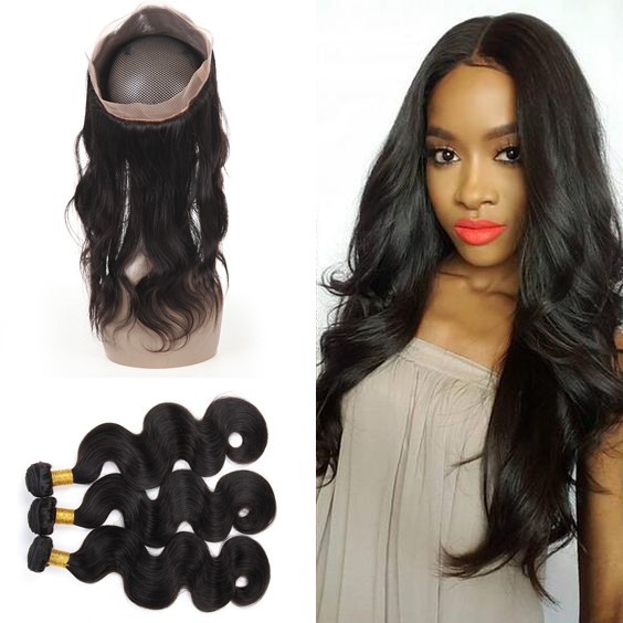 Brazilian Hair 360 Lace Frontal with Bundles 100% Virgin Hair Unprocessed Hair Extension Human 10-22inch