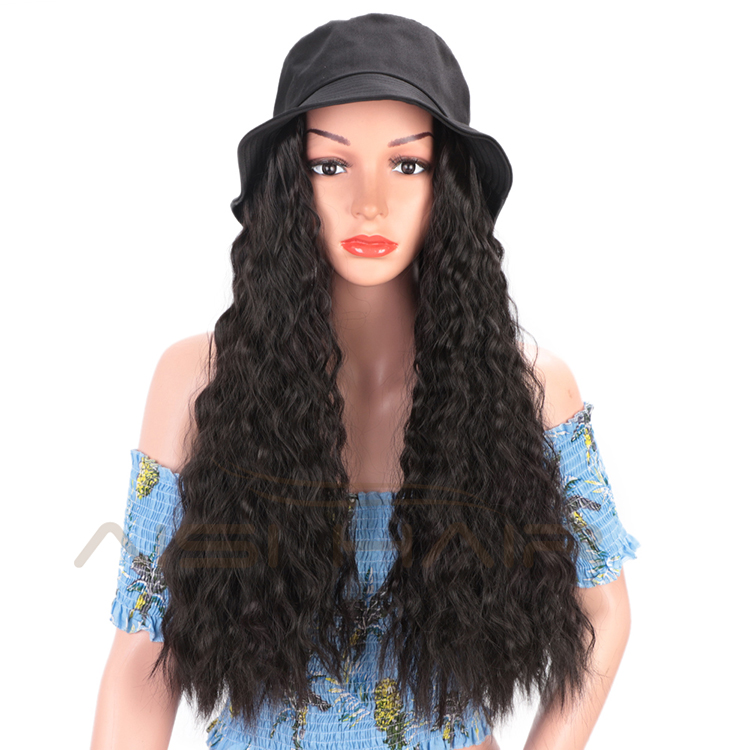 Aisi Hair Outdoor Hat Black Water Wave Wig Party Knit Slouchy Hat Synthetic Fiber Hair Extension With Black Bucket Hat For Women