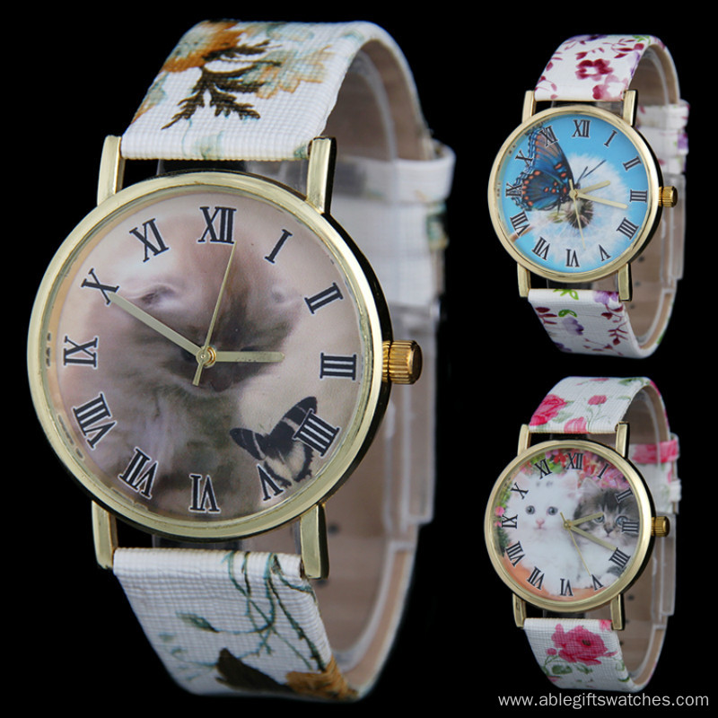 New Fashion Girls Flower Leather Cartoon Quartz Watch