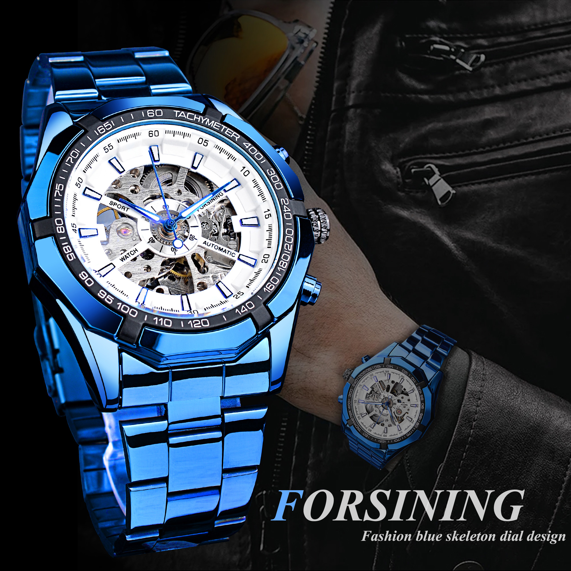 Forsining Blue Design Stainless Steel Men Mechanical Automatic Wrist Watches Top Brand Luxury Military Sport Male Clock