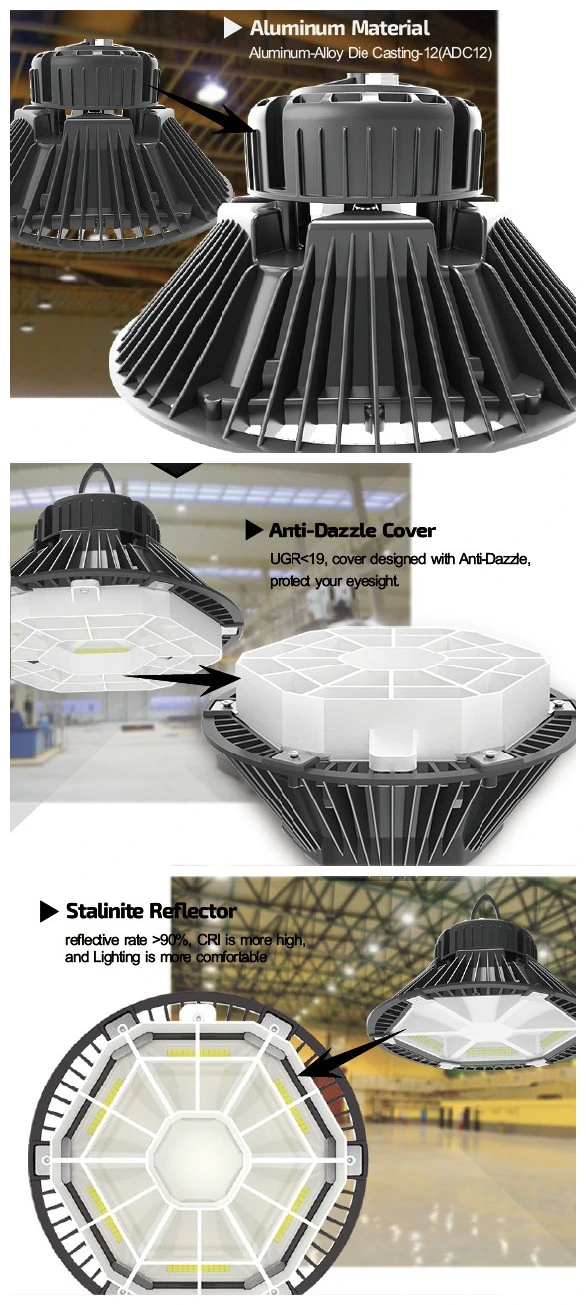 100W 150W 200W IP65 Dustproof Ceiling Mounted UFO LED Highbay Light Warehouse Lighting