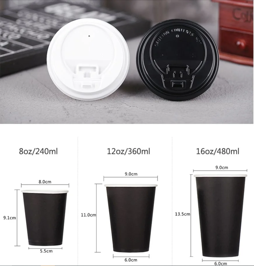 Black Logo Customized Disposable Paper Coffee Cup with Lids