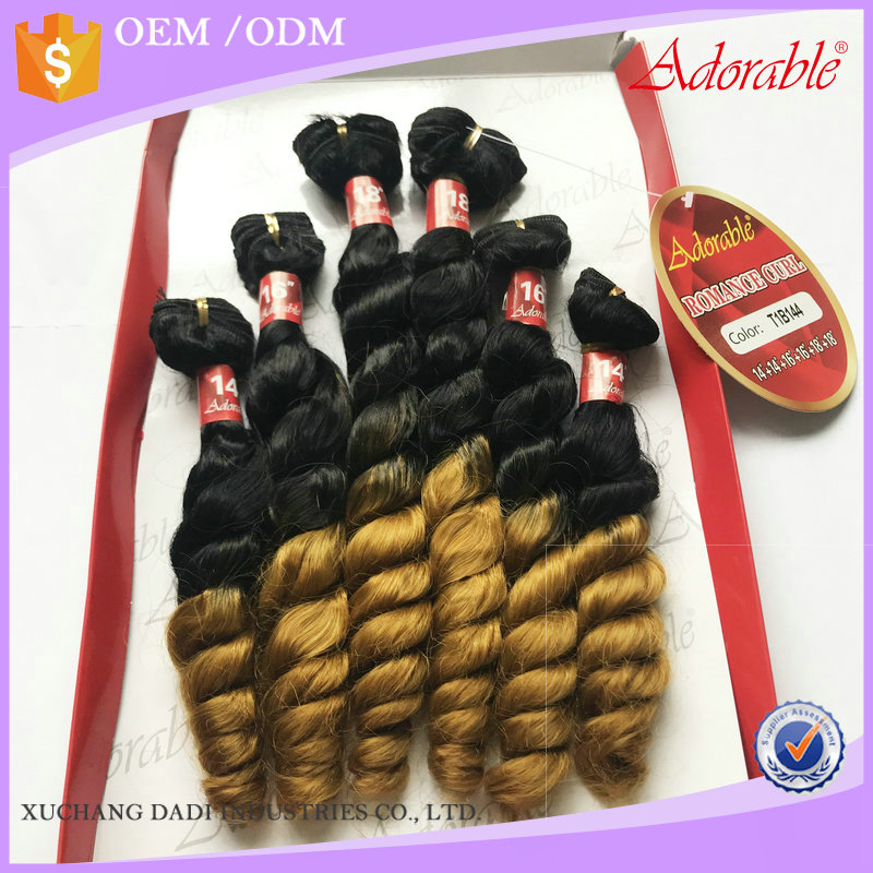 New product wholesale price two tone loose wave synthetic hair weaving,ombre color T1b144 yellow romance curl 6pcs with package