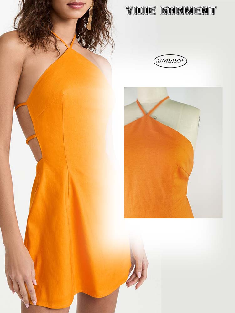 Women's Linen Blend Summer Open Back Mini Dress