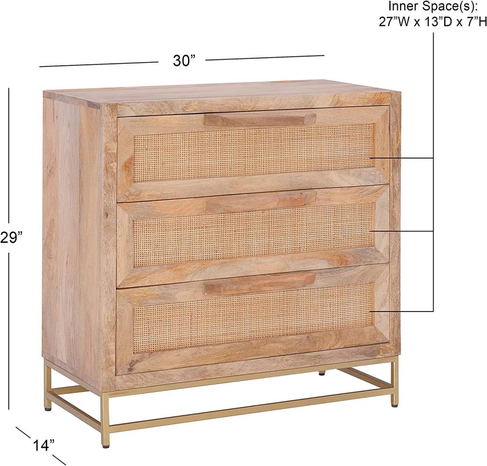 Natural Rattan and Gold Base 3 Drawer Danika Cabinet