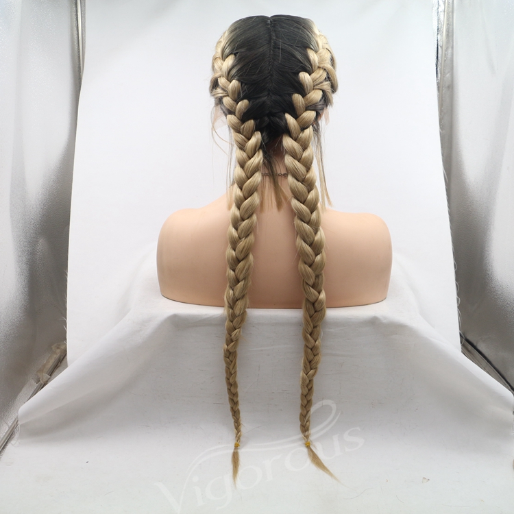 Long straight ombre black blonde cheap wholesale high quailty heat resistant synthetic jumbo braided wig with lace front