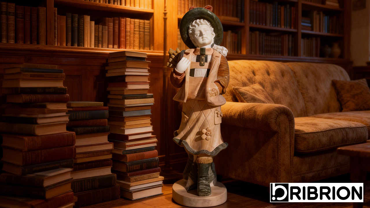 책장이 있는 아늑한 도서관의 어린이 동상 Child Statue in Cozy Library with Bookshelves