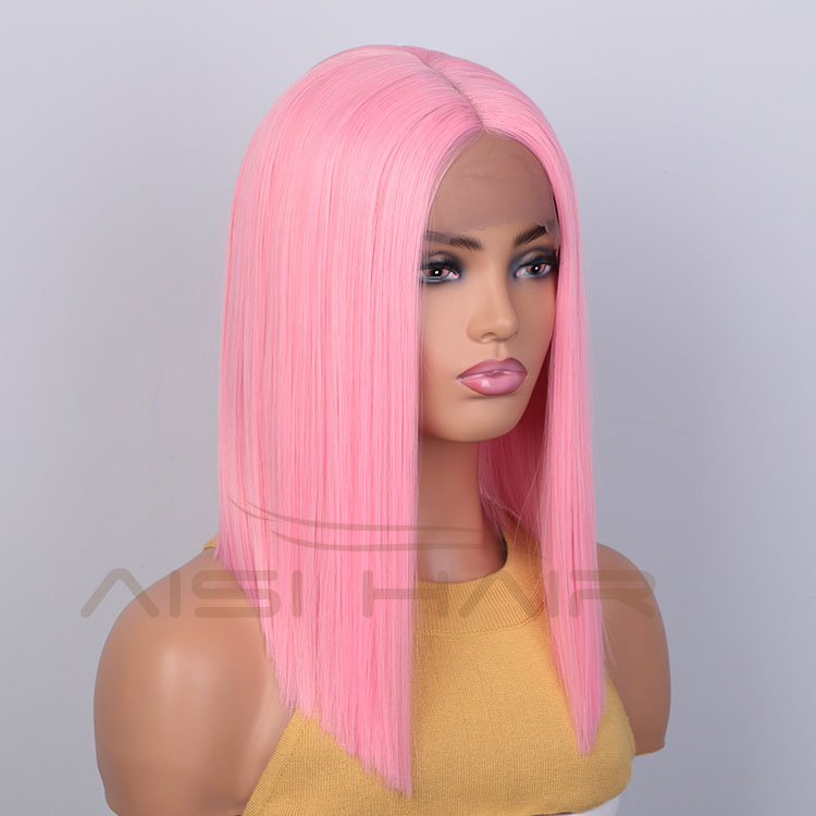 Aisi Hair Medium Long 16 Inch Cosplay Pink Wig Front Lace Wig Silky Straight Synthetic Lace Frontal Hair Wigs For Black Women