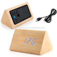 Modern Triangle Wood LED Wooden Alarm Digital Desk Clock Thermometer Classical Timer Calendar