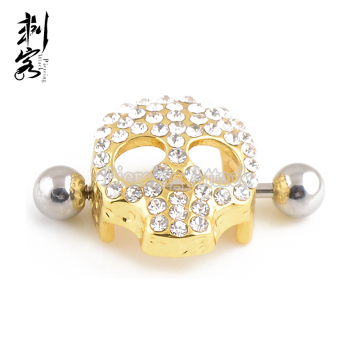 Gold Plated Gem Paved Skull Shape Nipple Barbell Nipple Rings