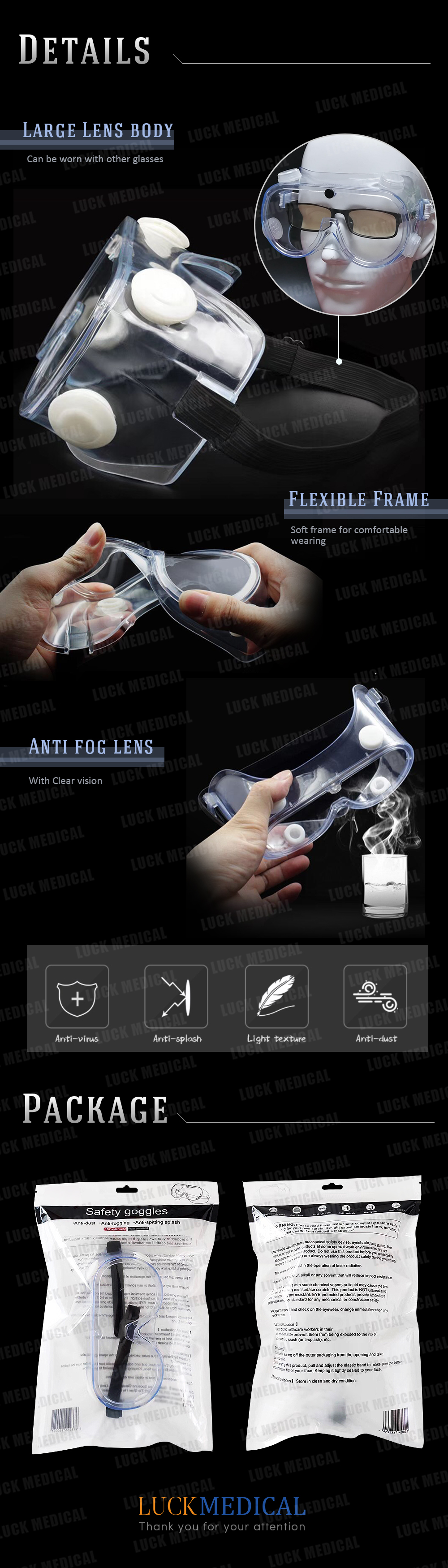 Paquet de lunettes de protection anti-éclaboussures antibuée Package High Impact Protective Goggles Antisplash Antifog