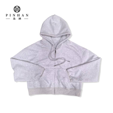Women's Gray Cropped Hoodie: Long Sleeve Full Zip Sweatshirt with Drawstring