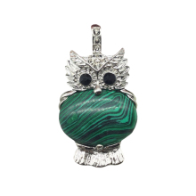 Malachite Oval Beads CZ Rhinestone Silver cz owl Pendant