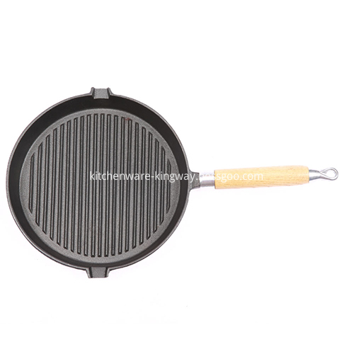 Round Cast-iron Skillet Pan with Wooden Handle