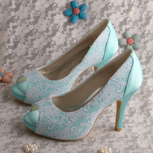 Mint Green Wedding Lace Shoes Heels Open Toe