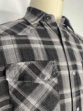 Washed Flannel Black Gray Plaid Shirt