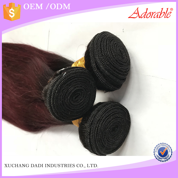 two tone ombre color dark red straight hair weave, natural Brazilian hair