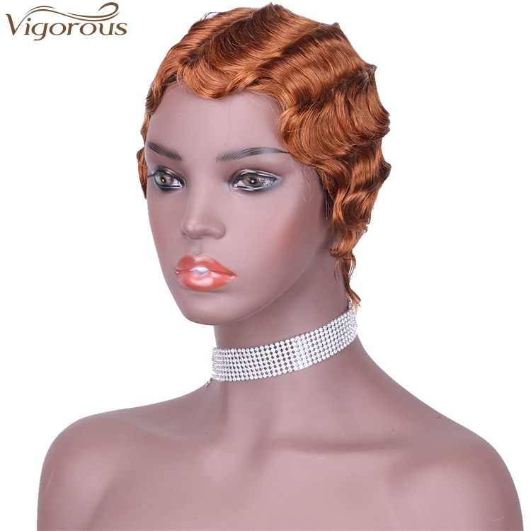 Vigorous Cheap 100% Real Human Hair Finger Wave Wig Pixie Cut Short Light Auburn Curly Wigs for African American Women