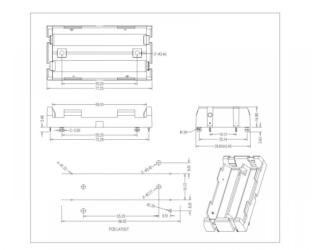 BBC-SN-A-18650-049p Double support de batterie pour 18650 Thm