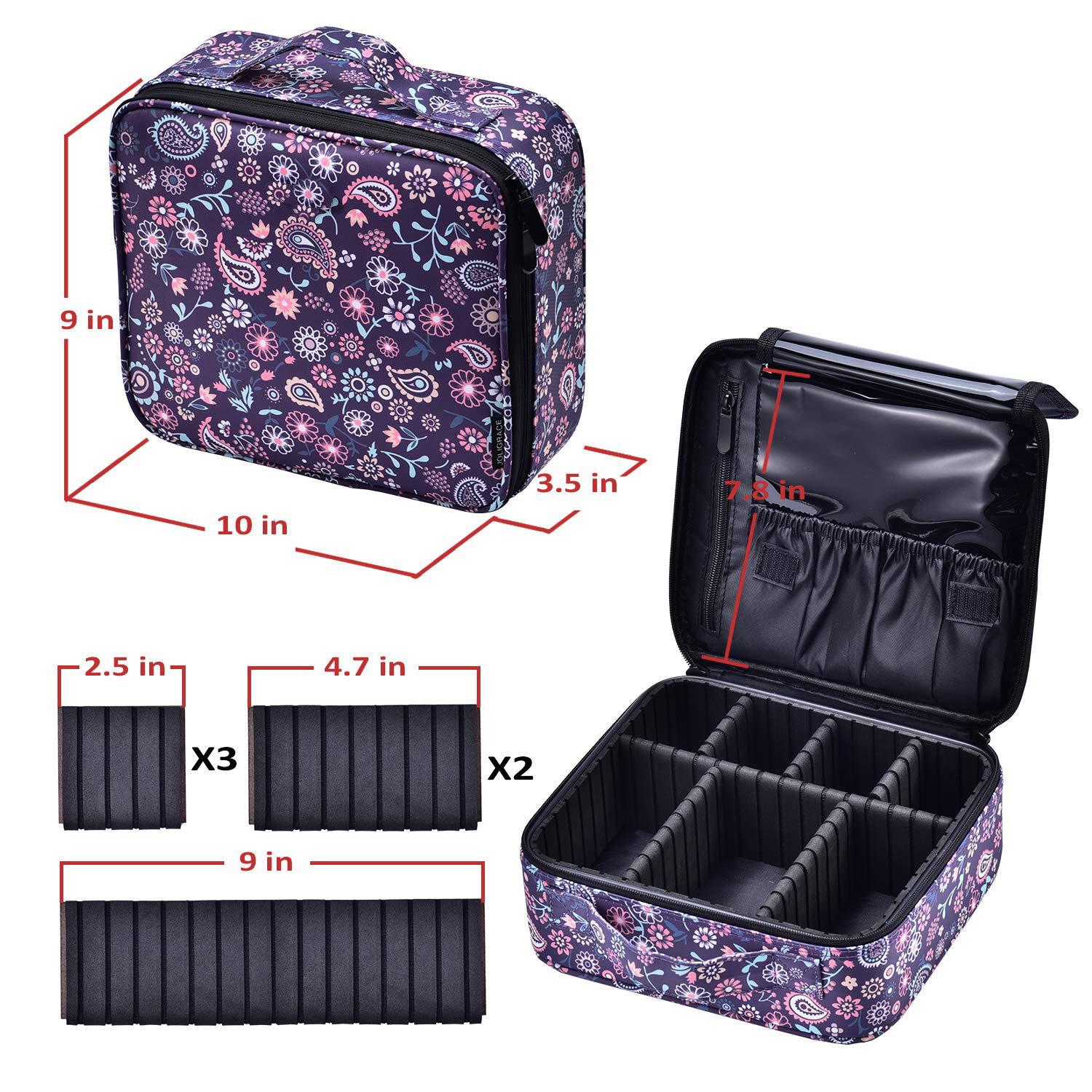 Customized pattern Travel Make up bags Organizer with Handle Cute Makeup Case Purple Paisley Floral with Adjustable Dividers