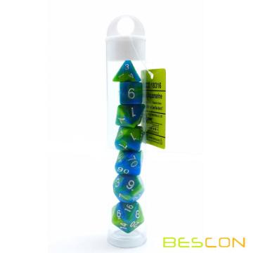 Bescon Mini Gemini Two Tone Polyhedral RPG Dice Set 10MM, Small Mini RPG Role Playing Game Dice Set D4-D20 in Tube, Aquamarine