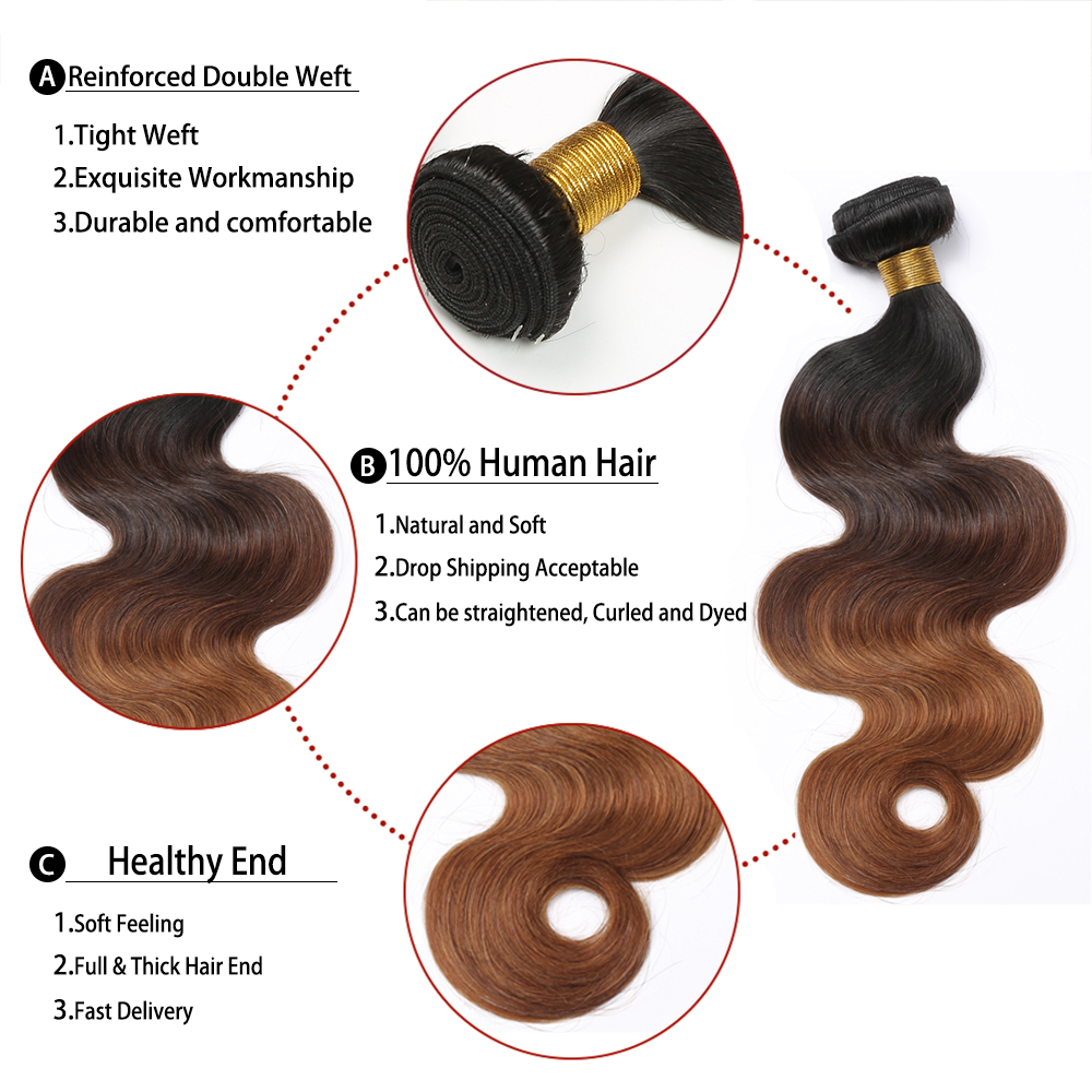 wholesale 3 Tone Ombre 1B 4/27/30 Remy Brazilian Straight body wave Hair Bundles with closure and frontal human wigs