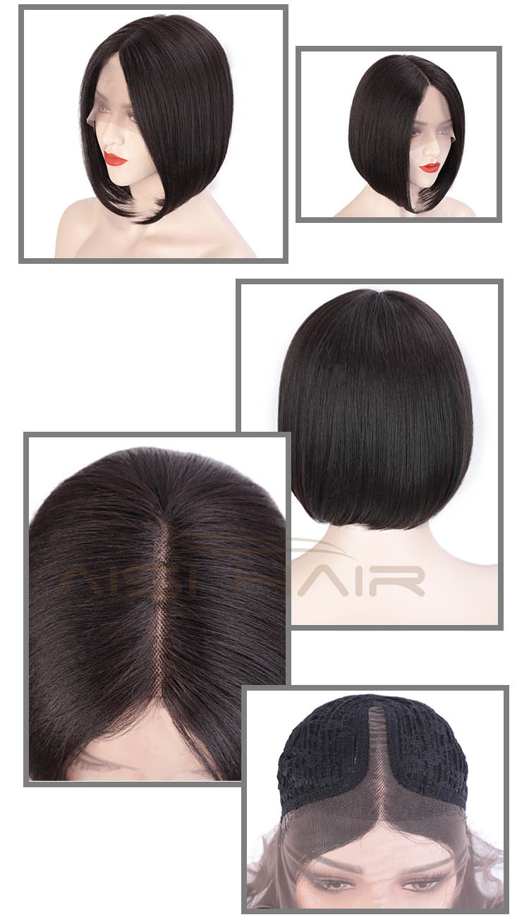 Aisi Hair Cheap Short Bob Natural Black Wig Silky Straight Front Lace Wig Middle Part Lace Front Hair Wigs For Black White Women