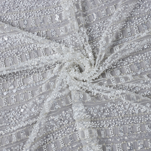 tissu de dentelle de maille de tissu de broderie perlé de paillettes blanches