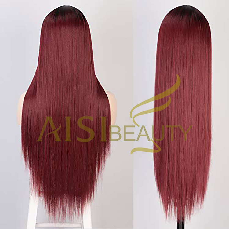 Aisi Beauty Vendor Cheap Party 26 Inch Long Straight Ombre Red Wig Swiss Lace Synthetic Hair For Black Women Lace Front Wig